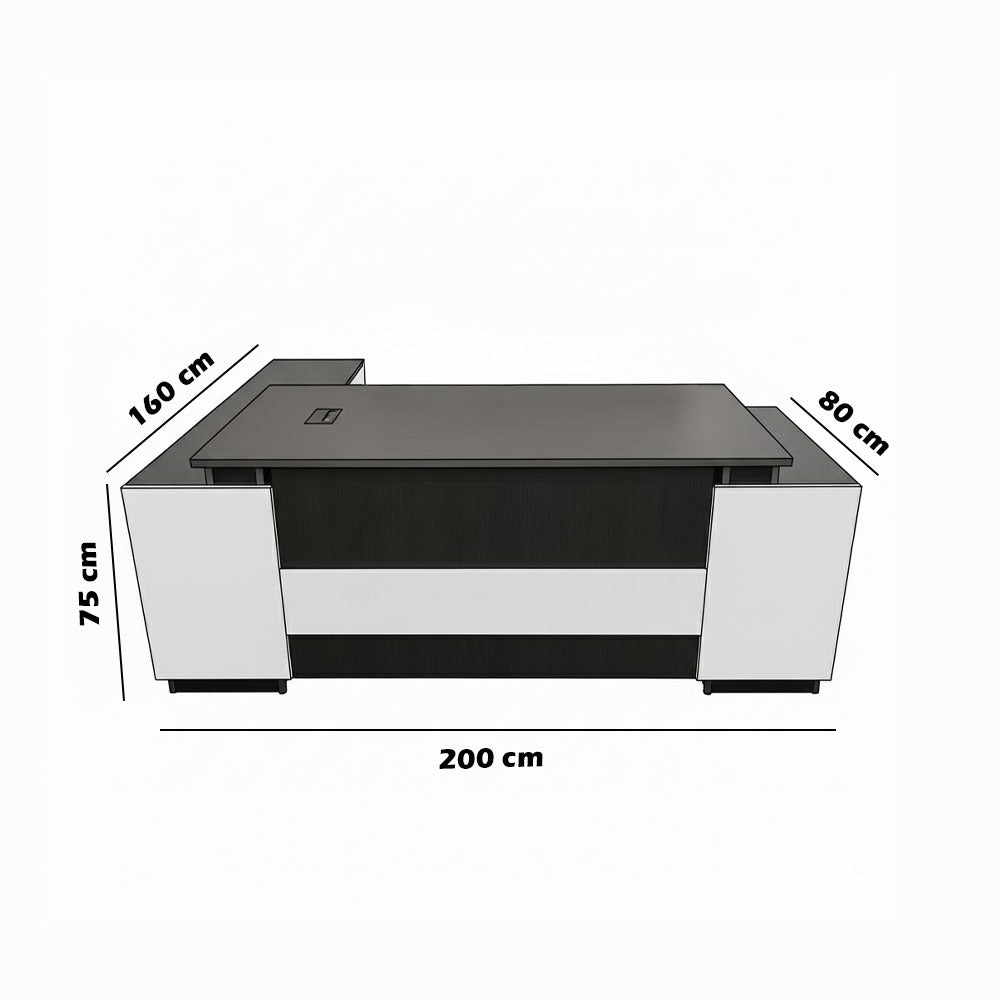 Desk 200×160×75 cm + Side Unit + Attached Drawers – White & Dark Gray – AZ50039