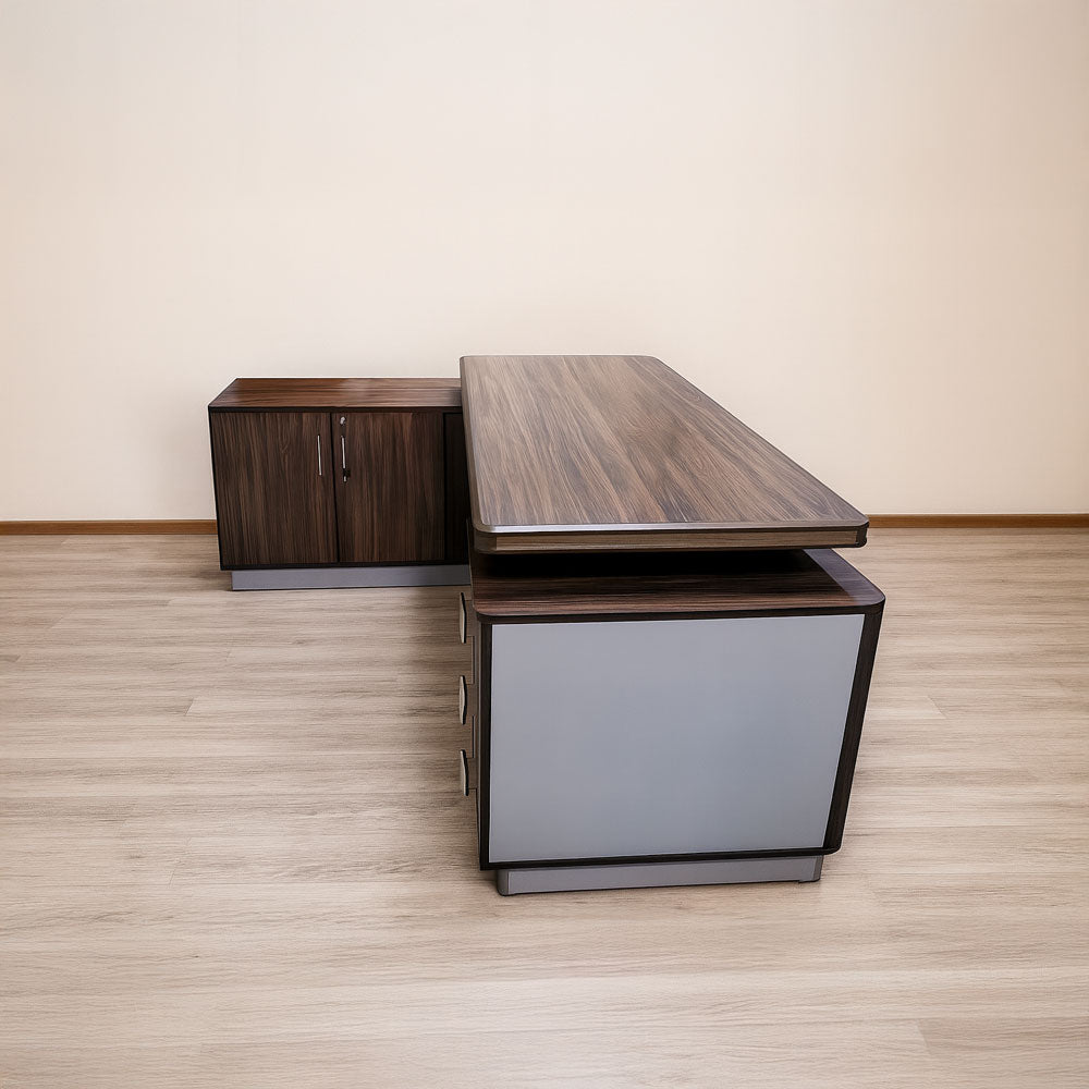 Desk 200×160×75 cm + Side Unit + Attached Drawer Unit – Brown, White – AZ50006