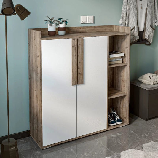 Shoe Cabinet, 115 × 35 × 122 cm - White and Wooden - AZ40024