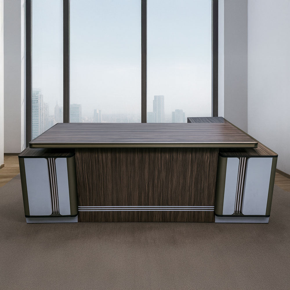 Desk 200×160×75 cm + Side Unit + Attached Drawer Unit – Brown, White – AZ50006