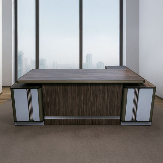 Desk 200×160×75 cm + Side Unit + Attached Drawer Unit – Brown, White – AZ50006