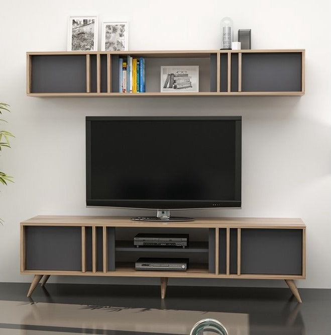 طاولة تلفزيون 180 × 45 × 50 سم – رمادي وخشبي – AZ30024