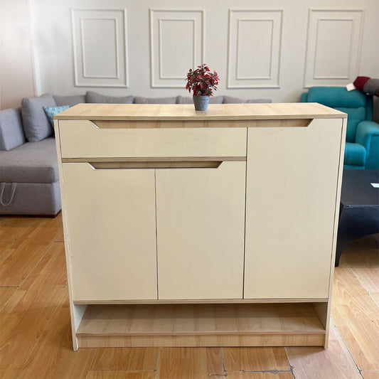 Modern Light Wood and Cream Shoe Cabinet with Multiple Storage Options