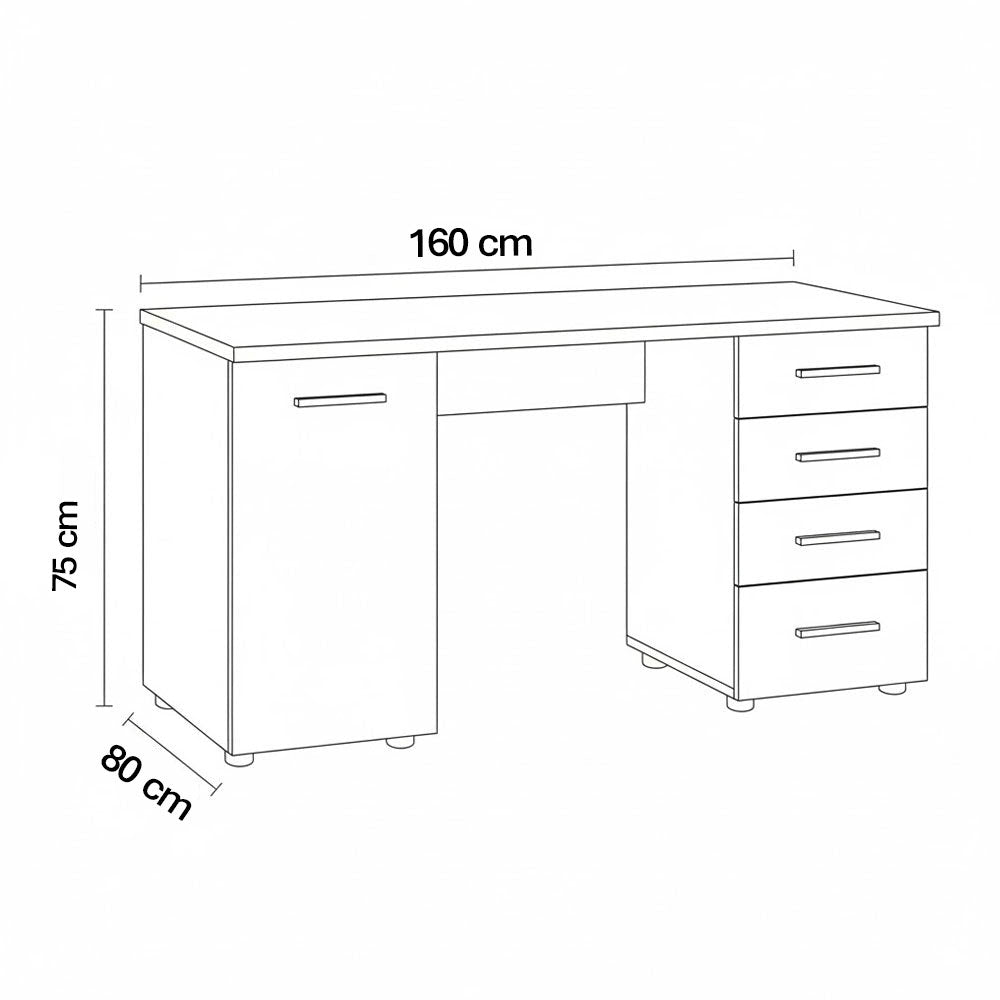 Desk 160×80×75 cm + Attached Unit (1 Door + 4 Drawer) – White – AZ1011