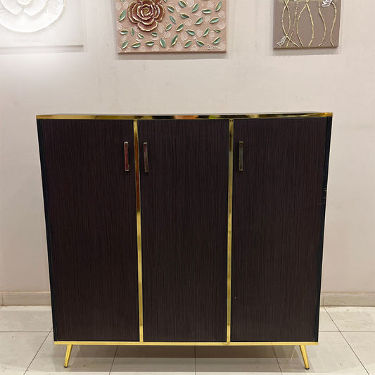 Elegant Dark Wood Grain Cabinet with Gold Accents