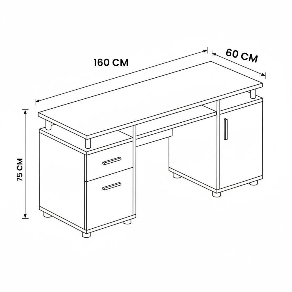 Desk 160×60×75 cm + Attached Unit (1 Door + 2 Drawer) – White – AZ12021
