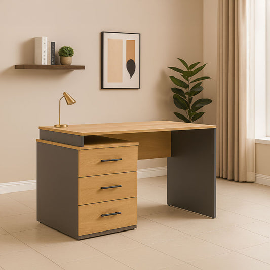 مكتب 120×60×75 سم + وحدة أدراج متصلة – رمادي وخشبي – AZ1059