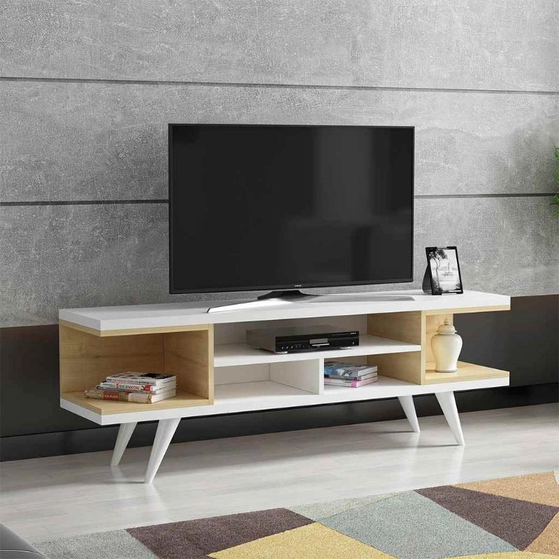 طاولة تلفزيون، 150 × 30 × 50 سم – أبيض وخشبي – AZ30037
