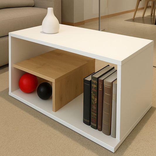 Minimalist White Coffee Table with Open Shelf and Wooden Accent
