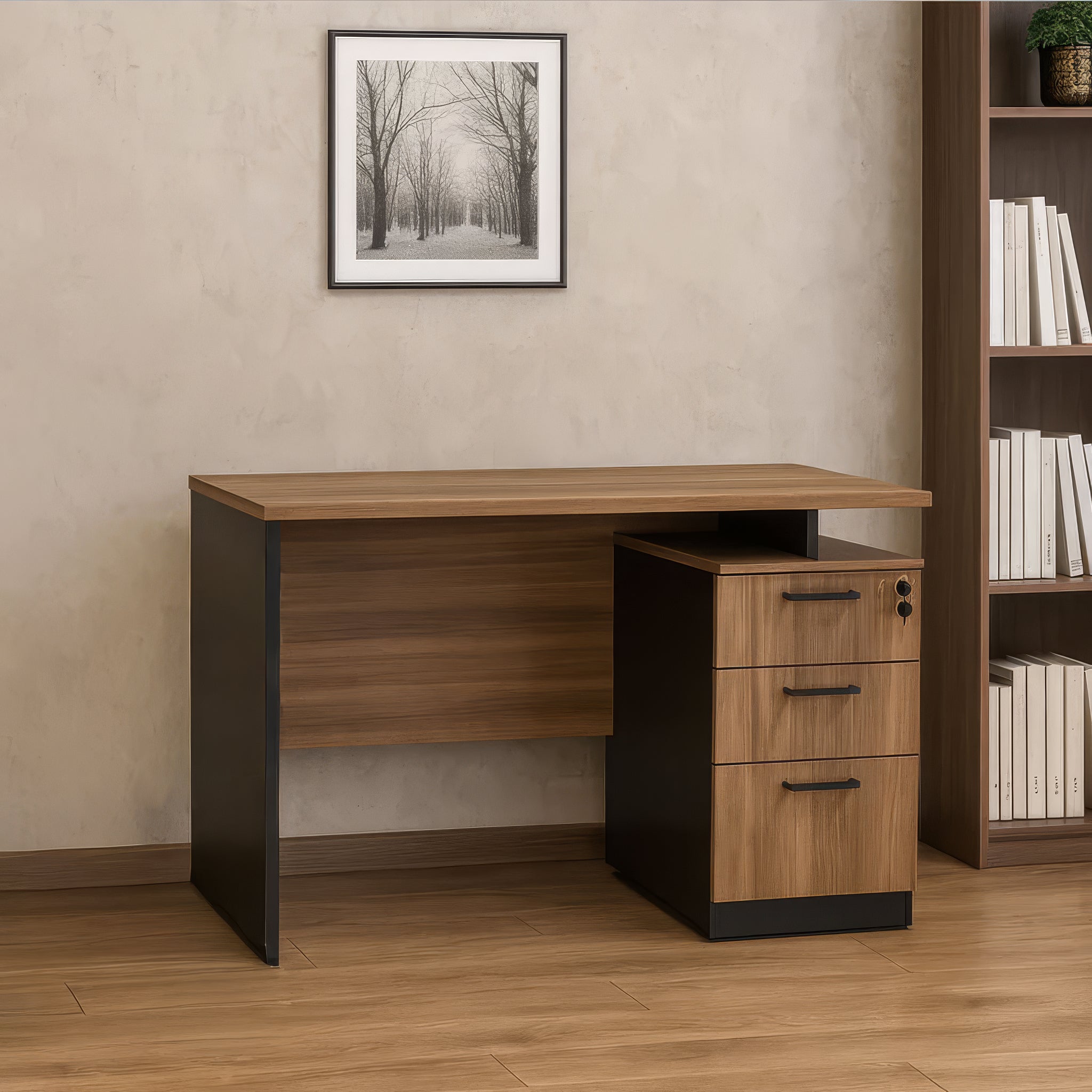 مكتب 120×60×75 سم + وحدة أدراج متصلة – أسود وخشبي – AZ1294
