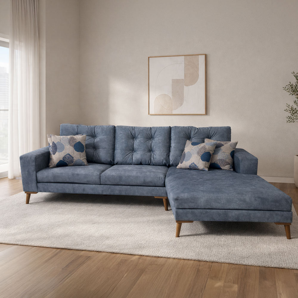 كنبة ركن مودرن على شكل حرف L – خشب طبيعي – لون دستي بلو (أزرق هادئ) – 255×175×85 سم – Cappuccino Slim