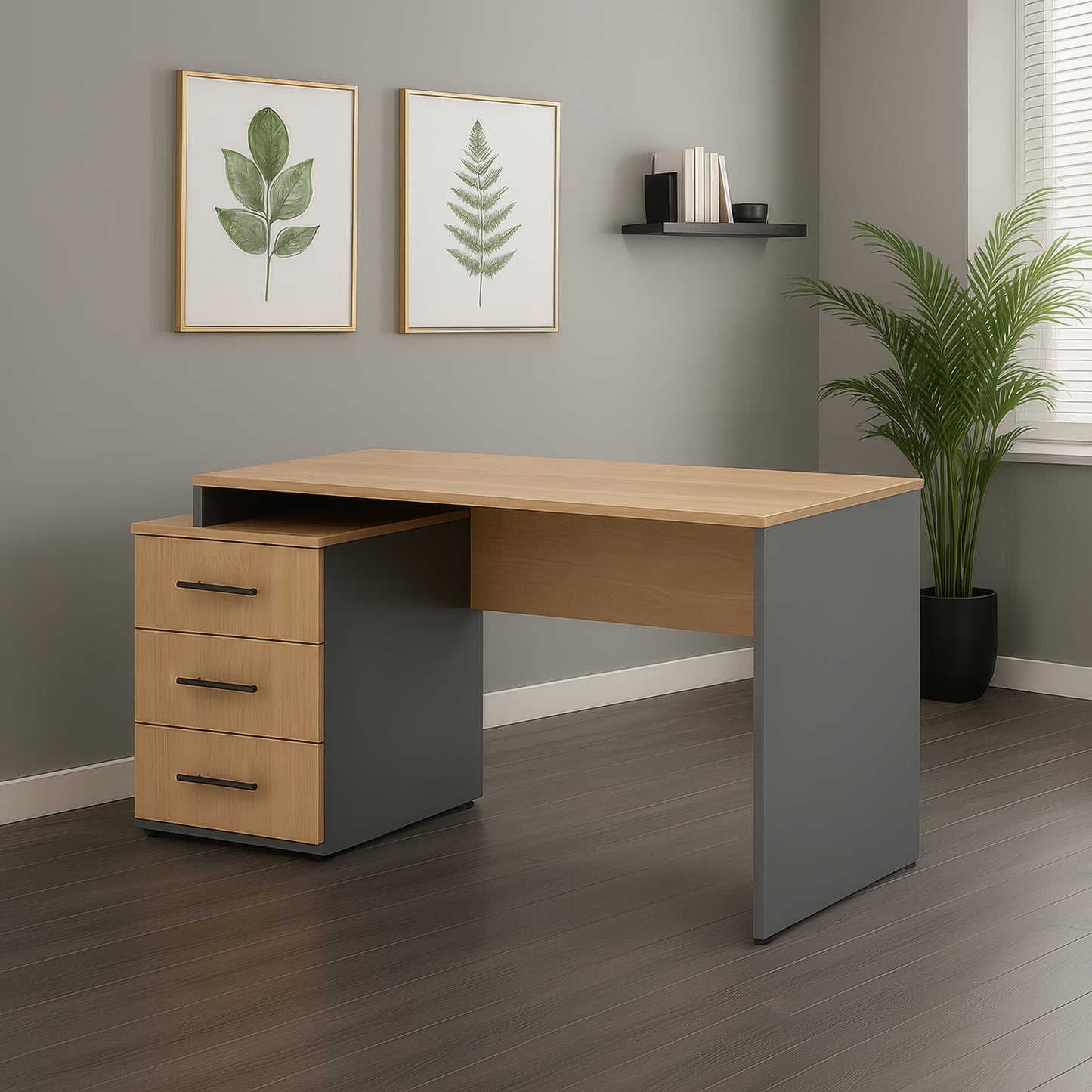 مكتب 120×60×75 سم + وحدة أدراج متصلة – رمادي وخشبي – AZ1059