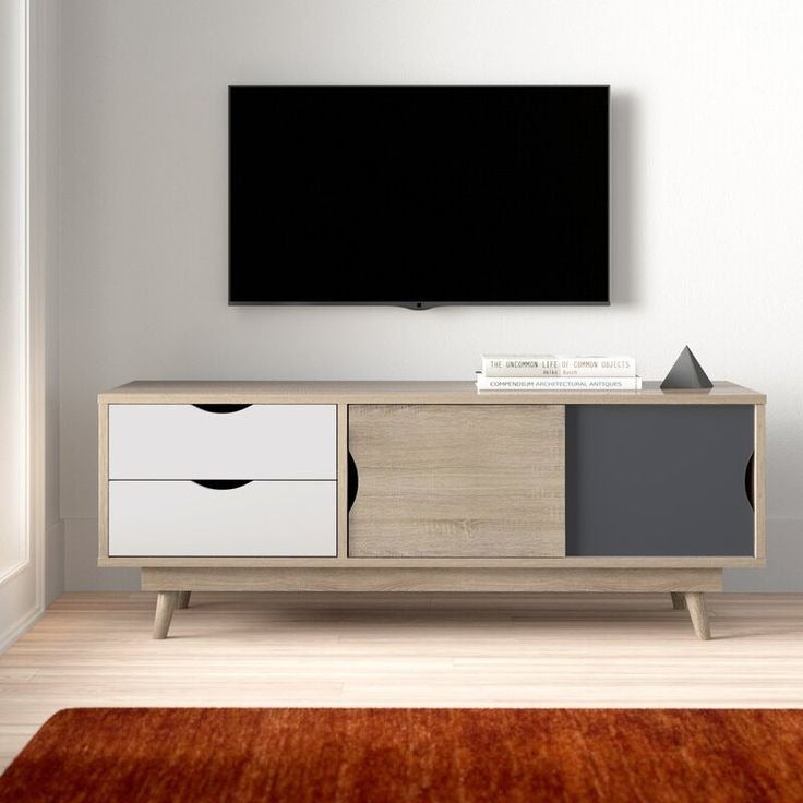 طاولة تلفزيون 150×40×55 سم – أبيض وخشبي ورمادي – AZ30047
