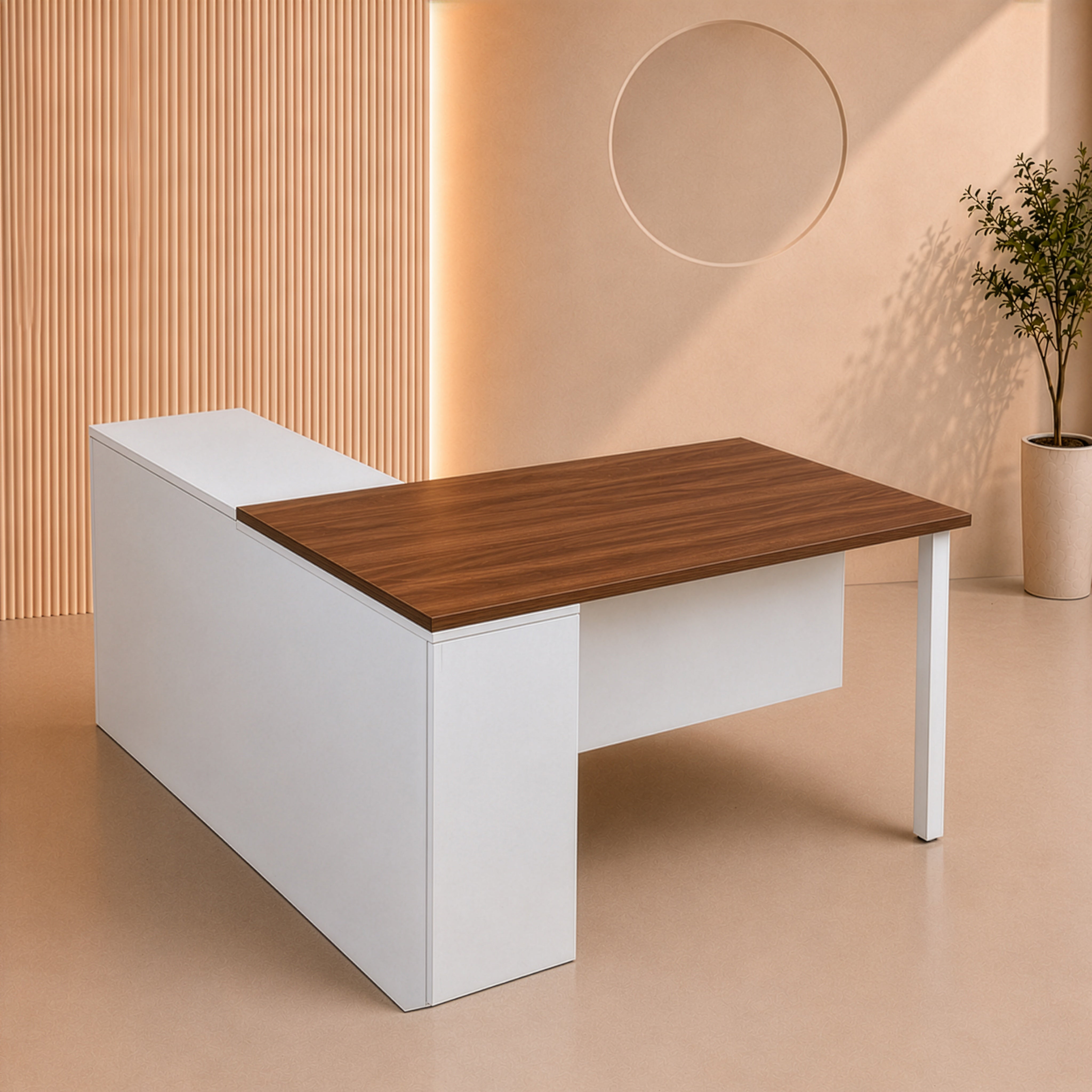 مكتب 160×160×75 سم + شاسيه معدني + سايد - بني وأبيض - AZ50017

