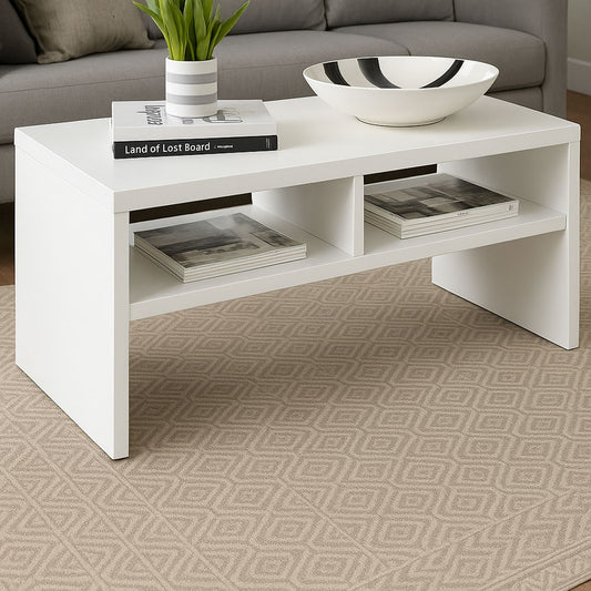 Modern White Coffee Table with Open Dual-Shelf Storage