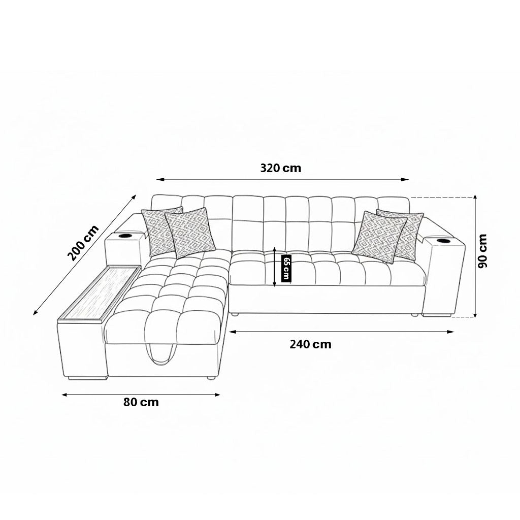 ركنة منزلية مودرن على شكل حرف L – رمادي غامق مع ترابيزة مدمجة وحوامل أكواب – وندر
