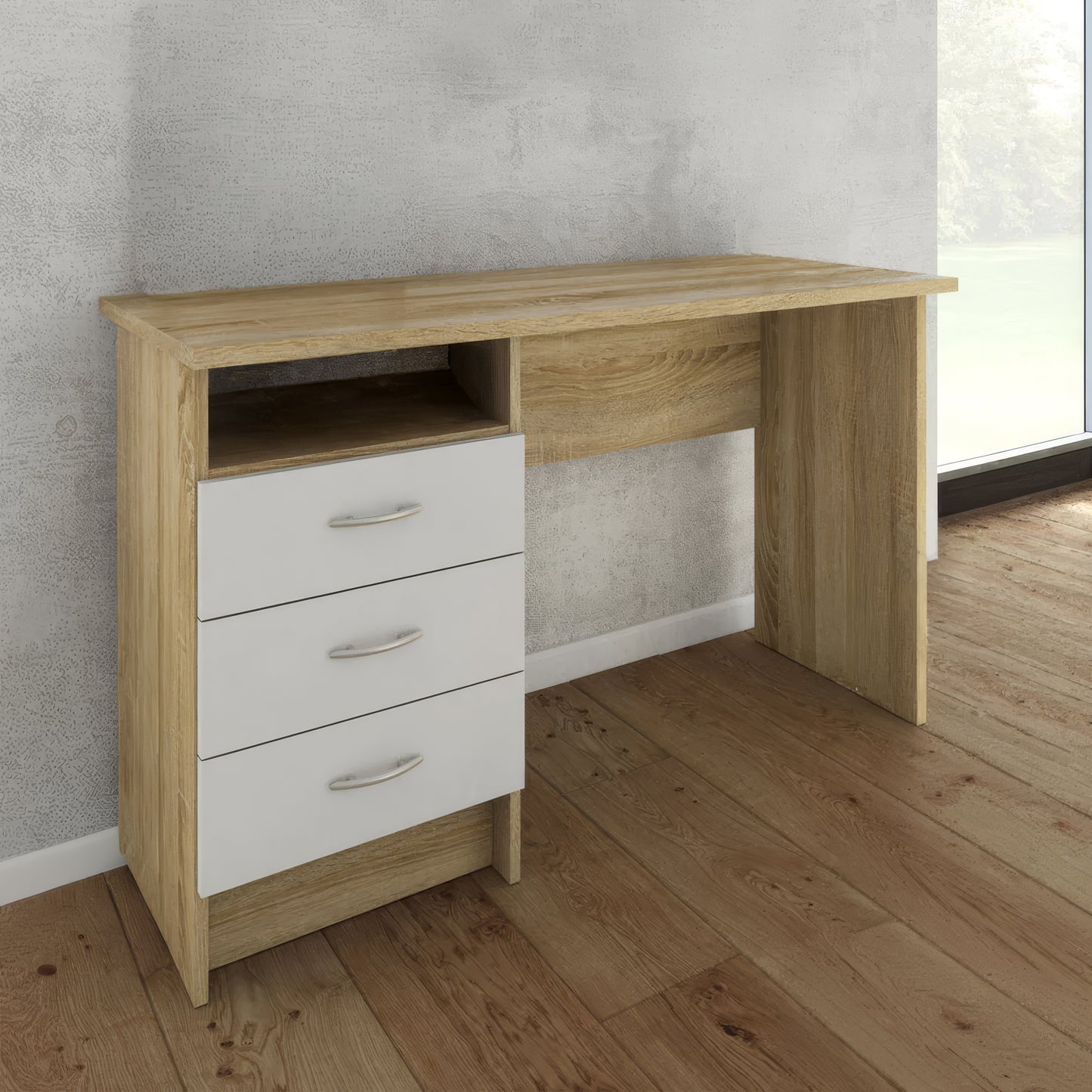 مكتب 120×60×75 سم + وحدة أدراج متصلة – أبيض وخشبي – AZ1070