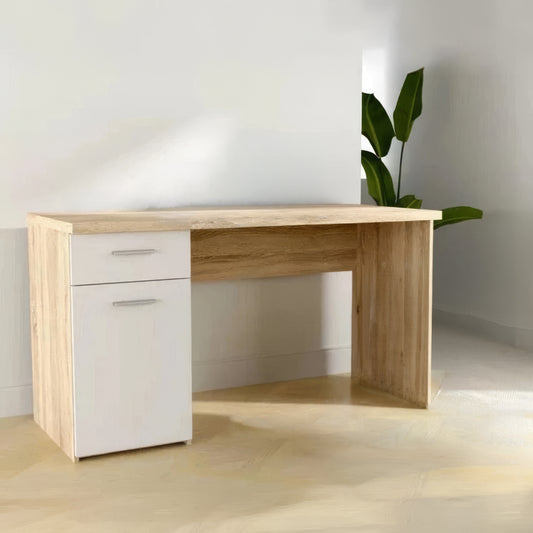 Desk 120×60×75 cm + Attached Unit (1 Door + 1 Drawer) – White and Wooden – AZ1054