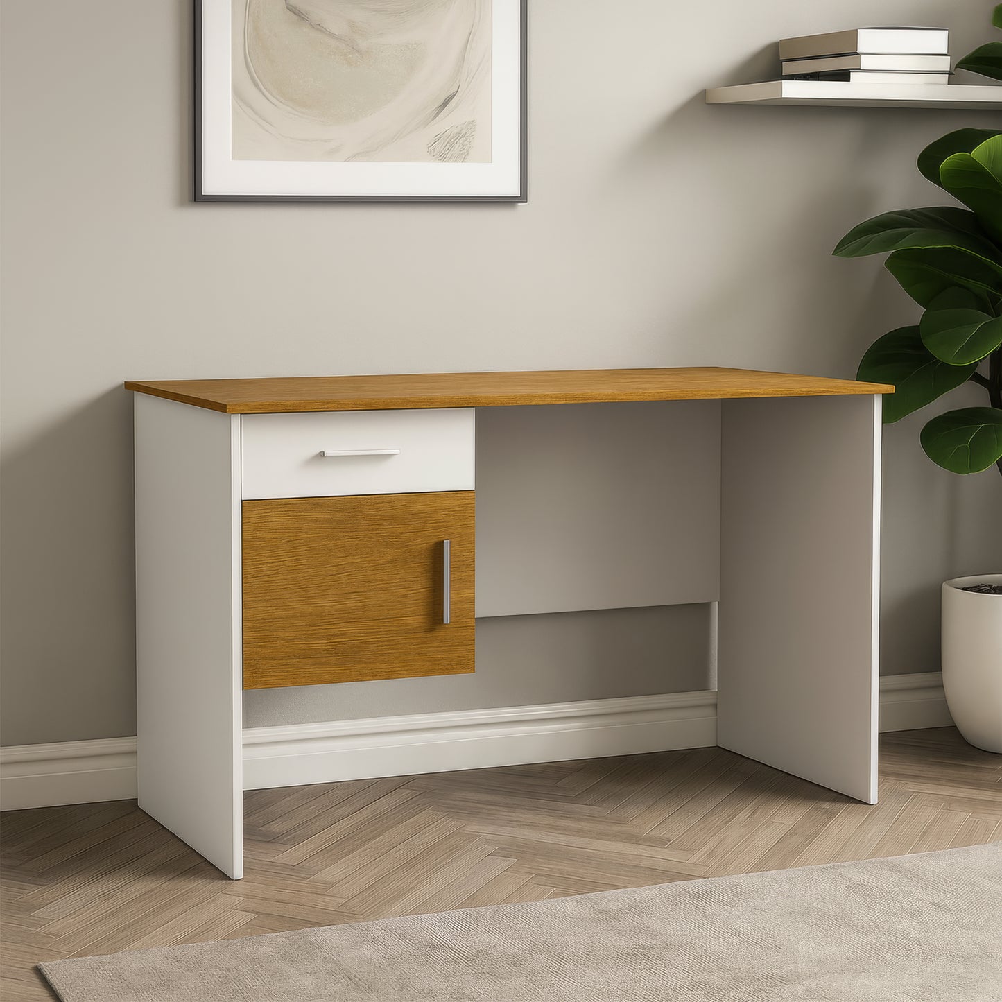 Desk 120×60×75 cm + Attached Unit (1 Door + 1 Drawer) – White and Wooden – AZ1050