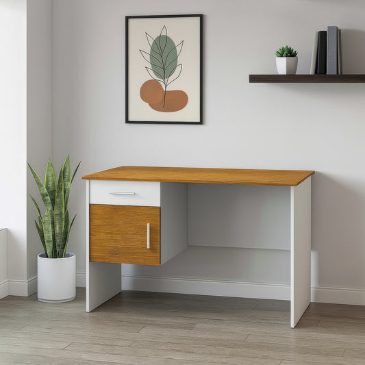 Desk 120×60×75 cm + Attached Unit (1 Door + 1 Drawer) – White and Wooden – AZ1050