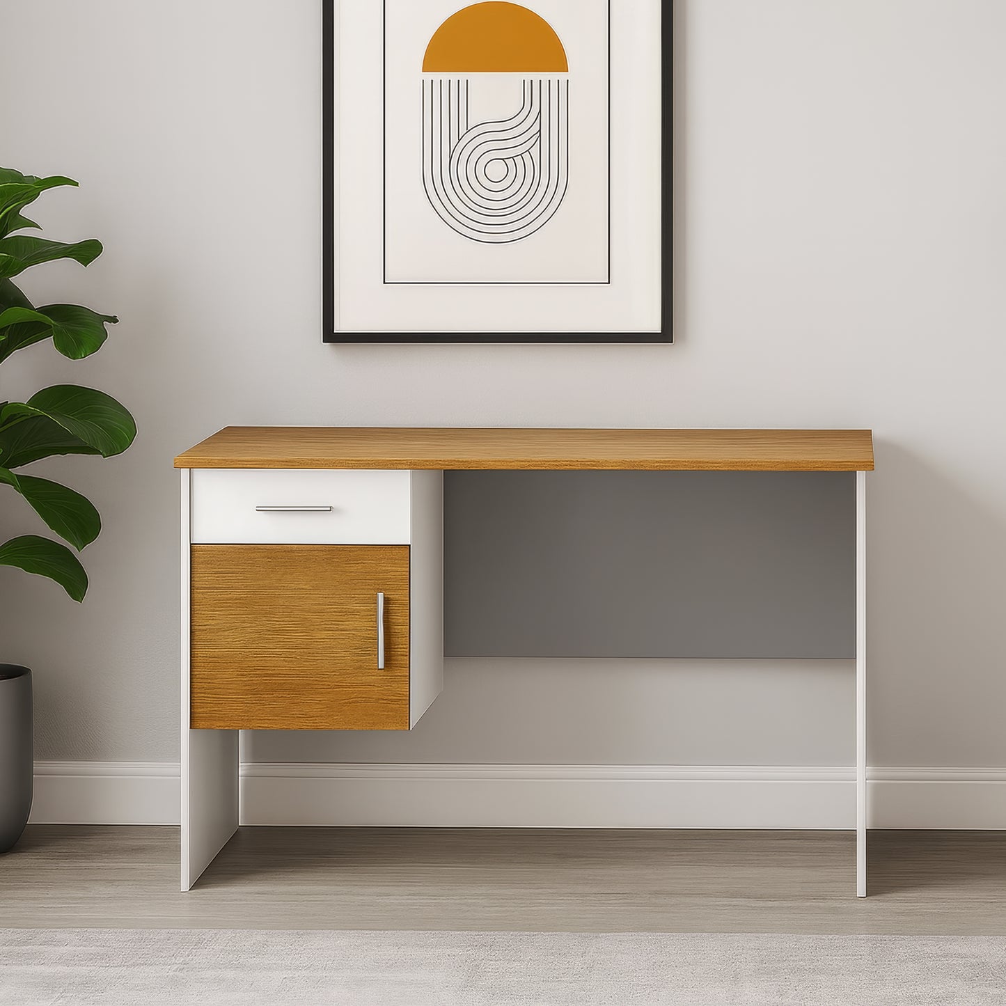Desk 120×60×75 cm + Attached Unit (1 Door + 1 Drawer) – White and Wooden – AZ1050