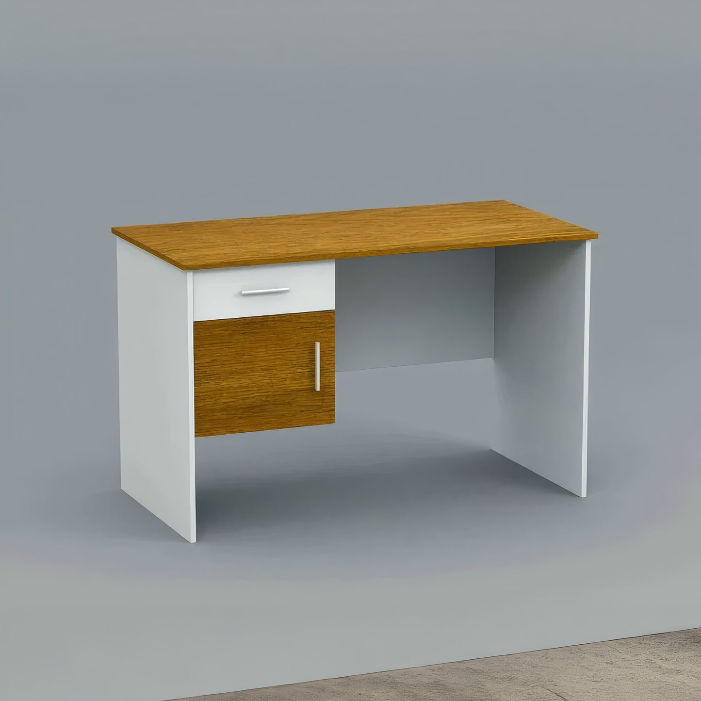 Desk 120×60×75 cm + Attached Unit (1 Door + 1 Drawer) – White and Wooden – AZ1050