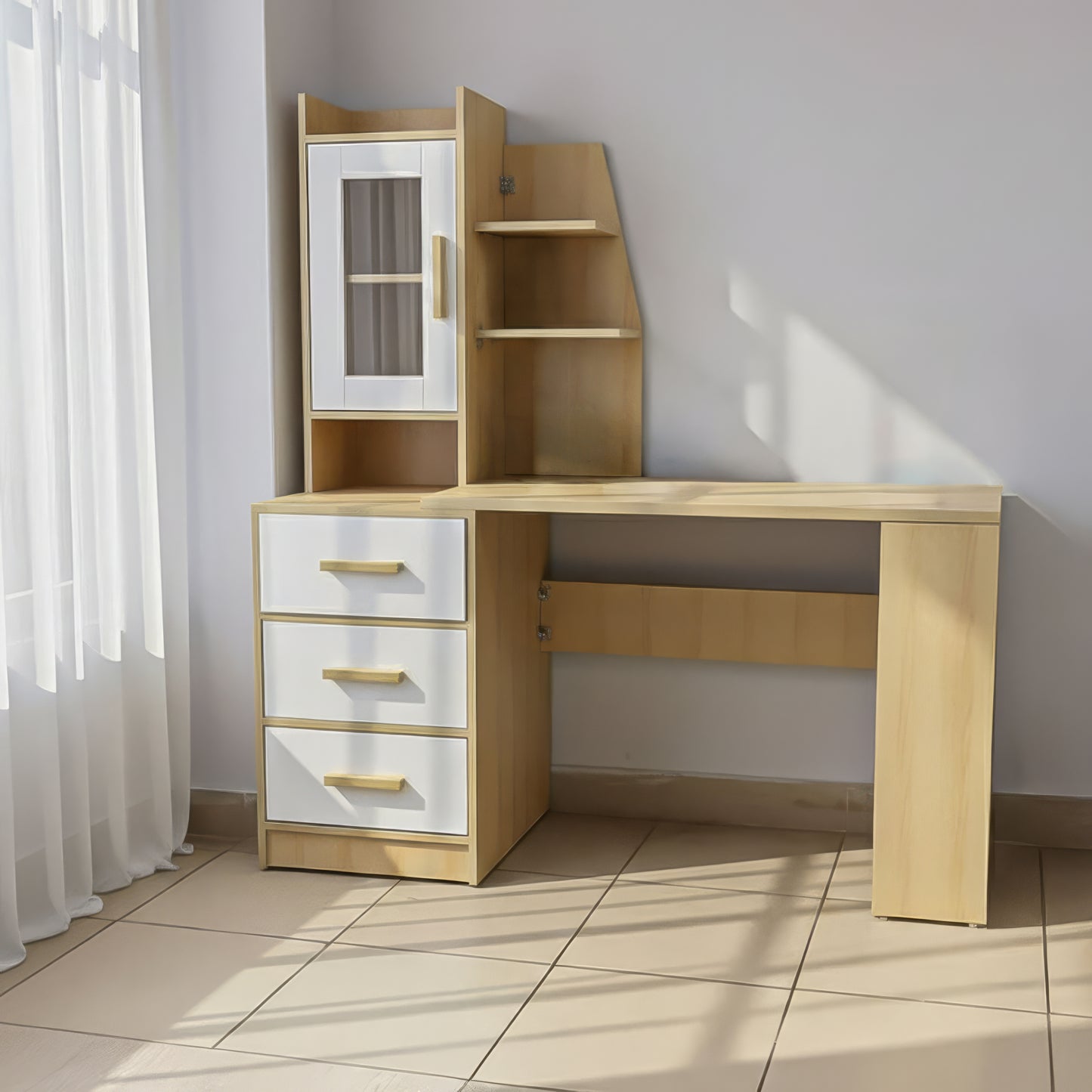 Desk 140×50×140 cm + Fixed Drawers – White and Wooden – AZ1178
