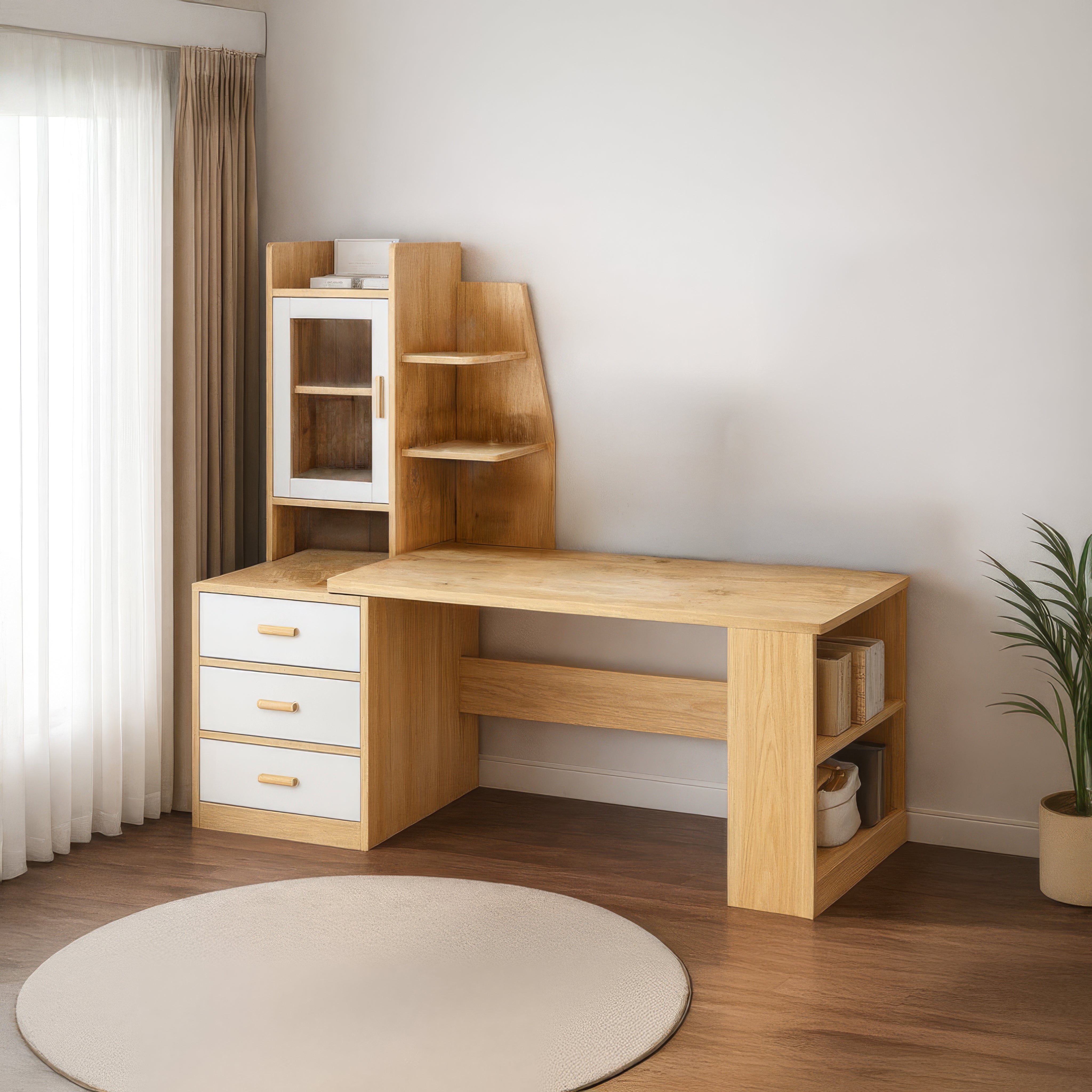 مكتب 140×50×140 سم + أدراج ثابتة – أبيض وخشبي – AZ1178