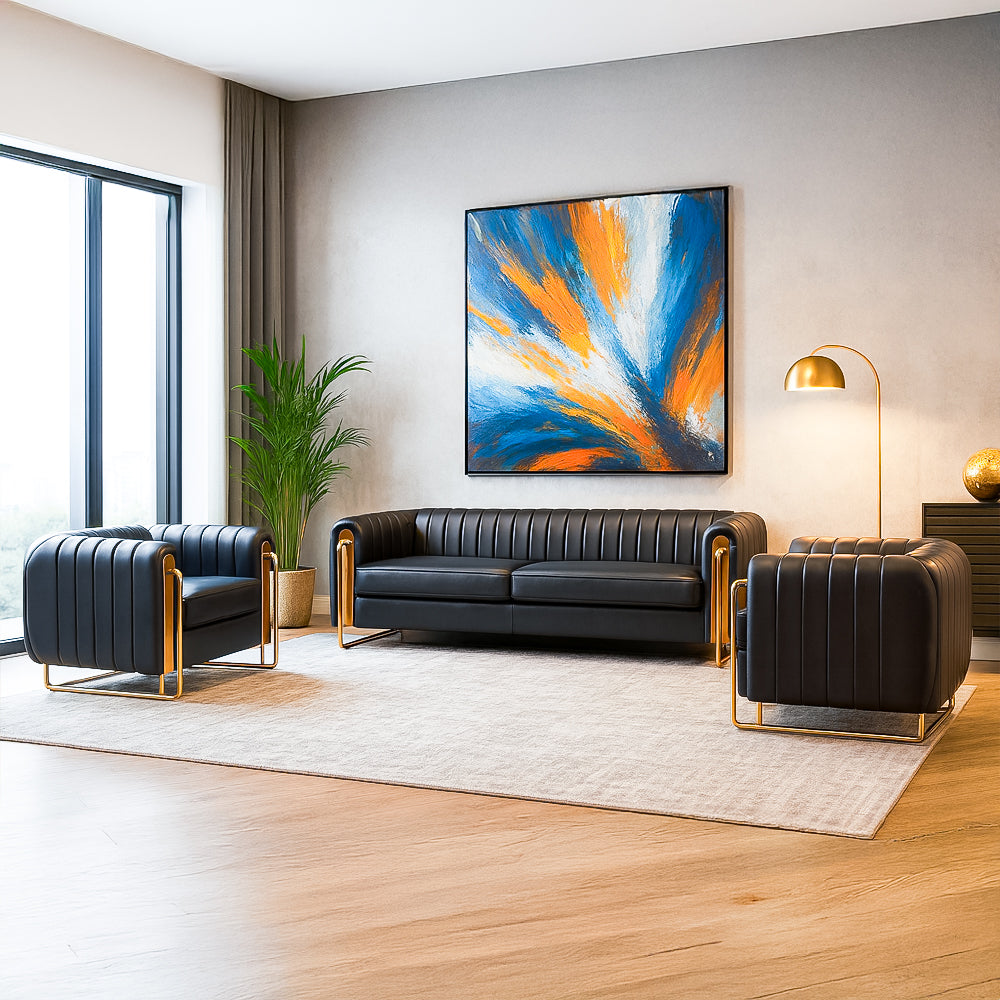 Office Sofa Set – Black Leather with Musky and mdf Wood - JUBAIL