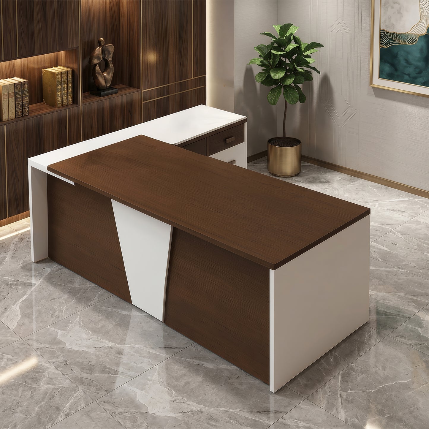 مكتب 160×160×75 سم + سايد – بني و أبيض – AZ12068