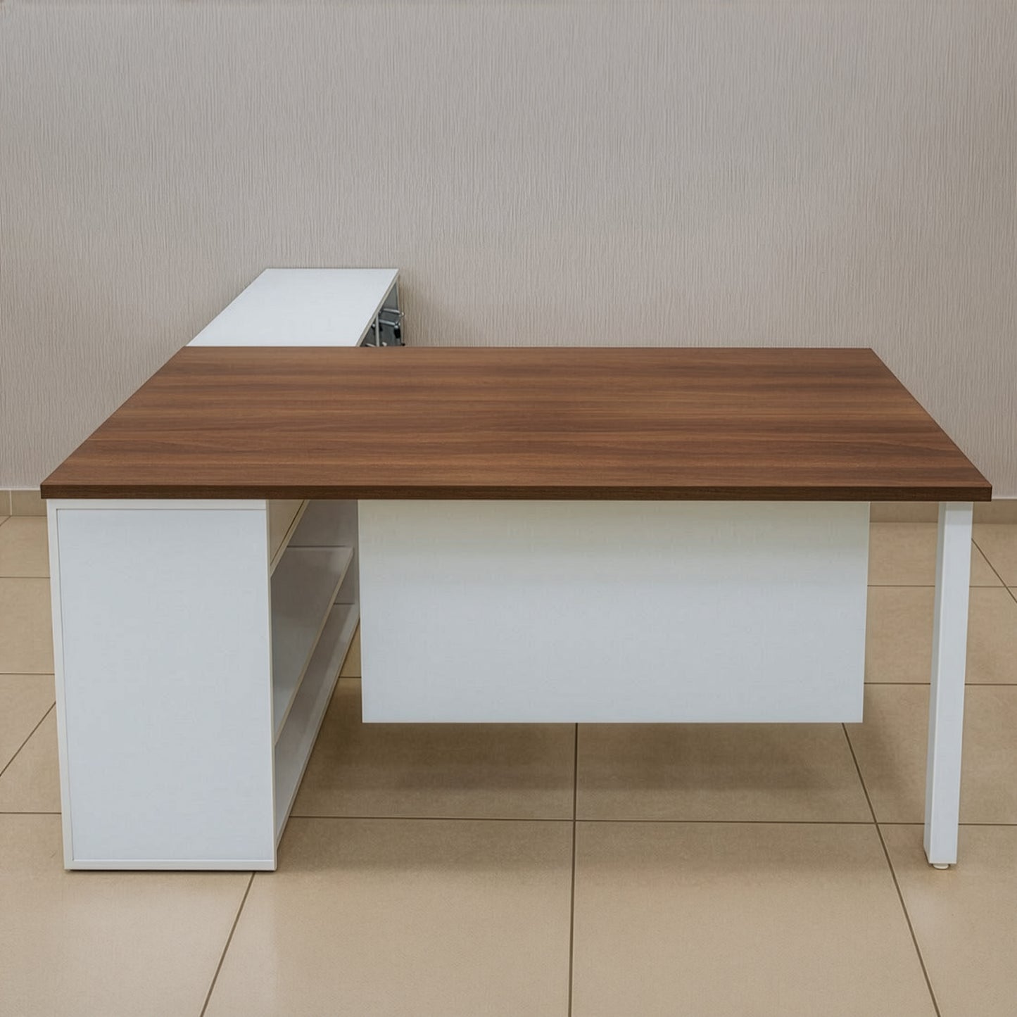 مكتب 160×160×75 سم + شاسيه معدني + سايد - بني وأبيض - AZ50017

