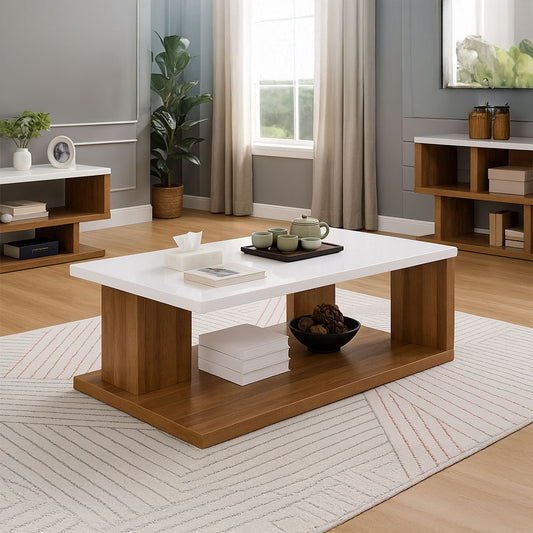 Modern Coffee Table with White Top and Wooden Base