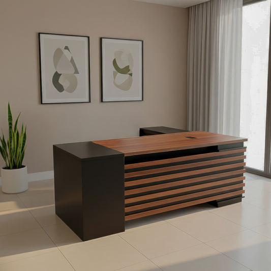 مكتب 180×160×75 سم + وحدة جانبية + أدراج متصلة – بني وأسود – AZ50038
