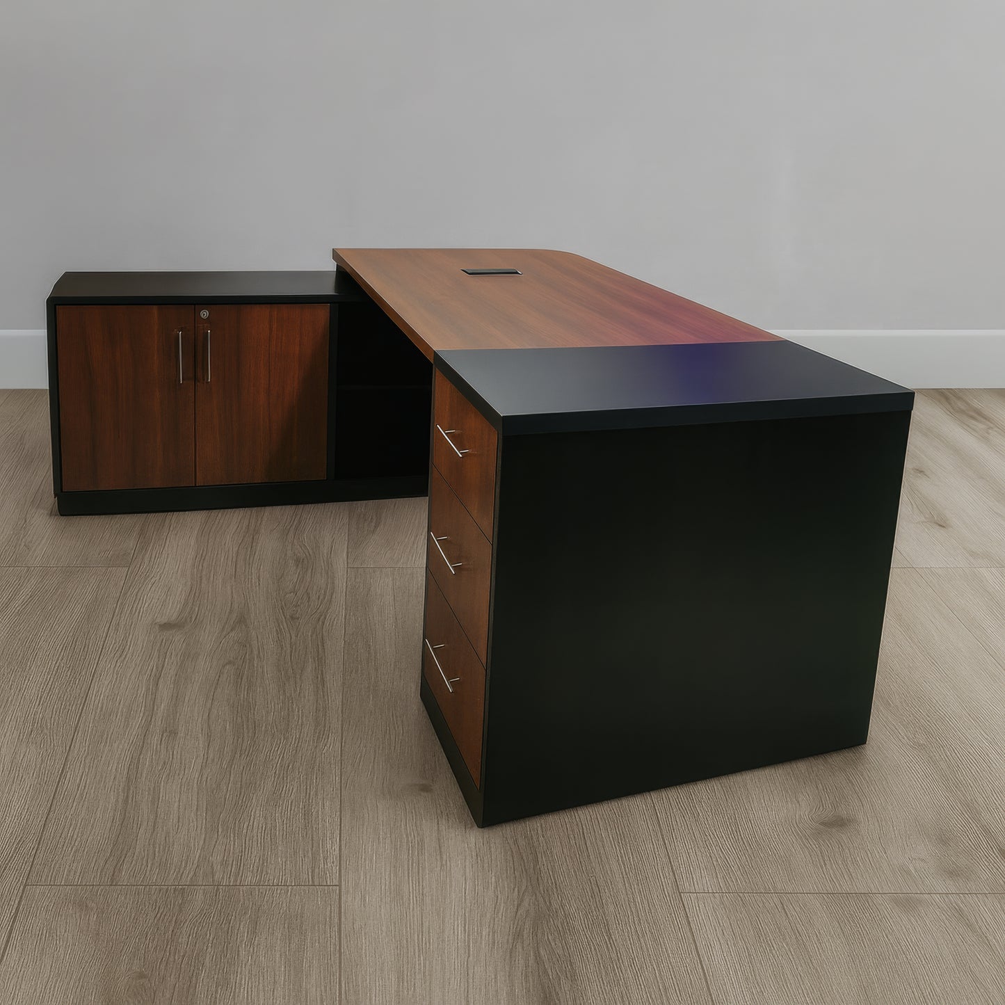 مكتب 180×160×75 سم + وحدة جانبية + أدراج متصلة – بني وأسود – AZ50038
