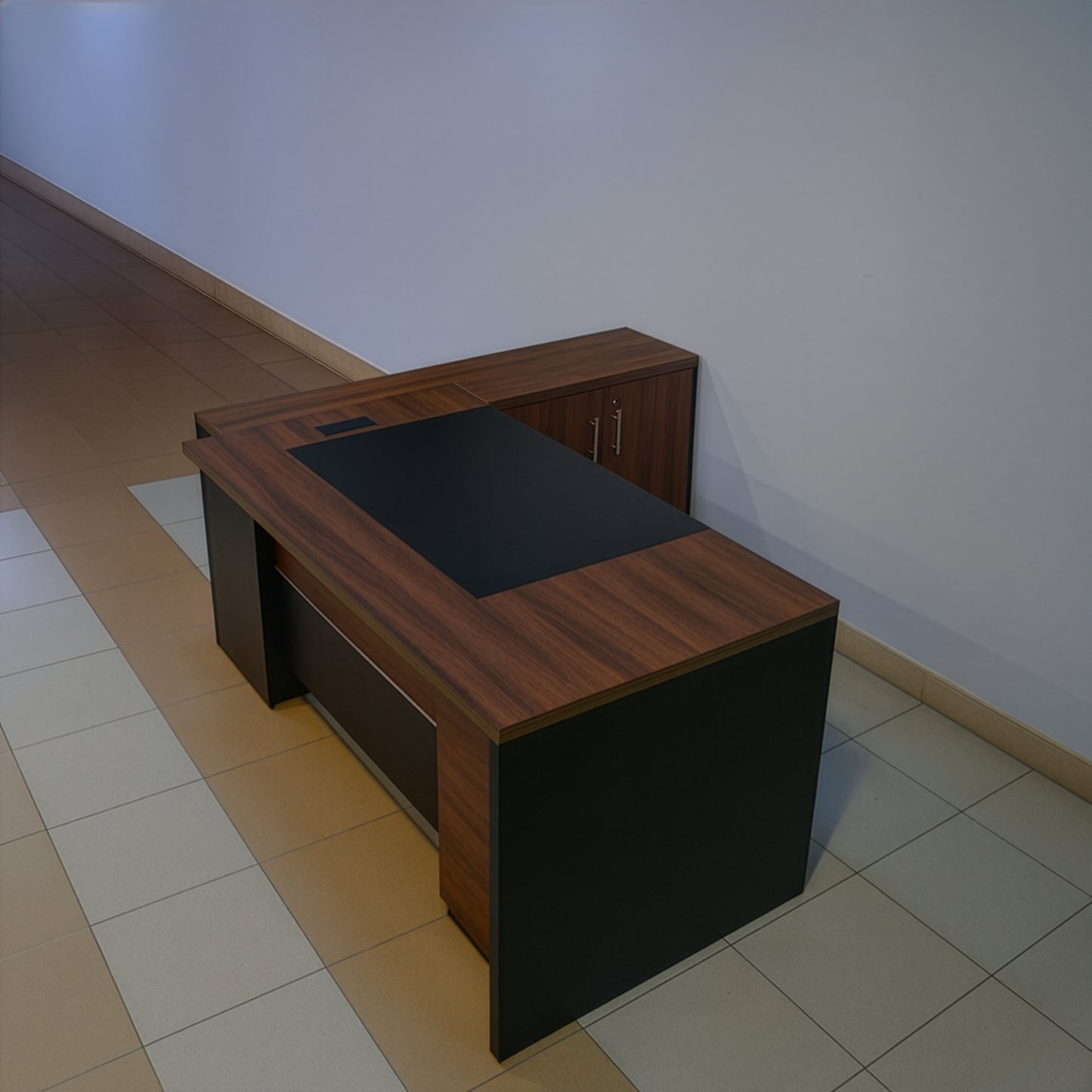 مكتب 180×160×75 سم + سايد + وحدة أدراج متصلة + فريم أبيض – بني وأسود – AZ500010

