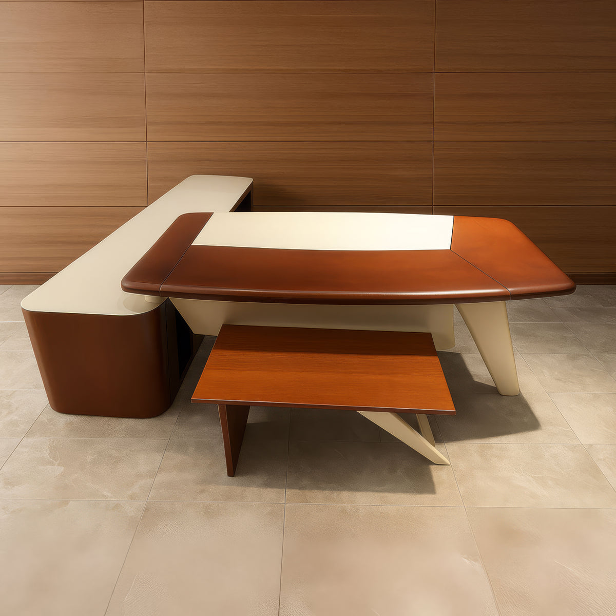 مكتب 180×160×75 سم + وحدة جانبية + طاولة استقبال – بني وأبيض – AZ50044
