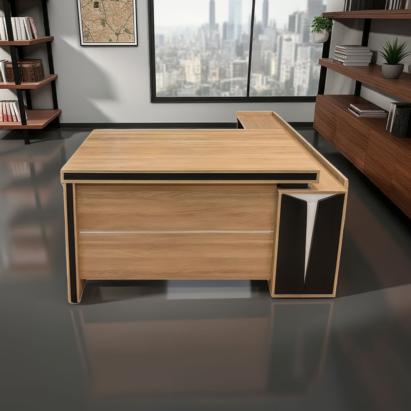 مكتب 180×160×75 سم + سايد – خشبي وأبيض وأسود – AZ50025
