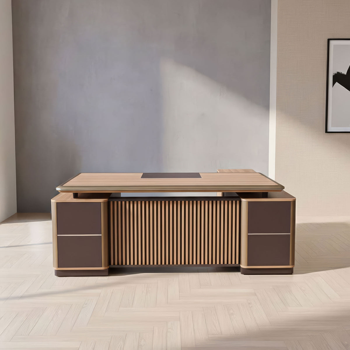 مكتب 200×160×75 سم + وحدة جانبية + أدراج متصلة – خشبي ورمادي – AZ50029