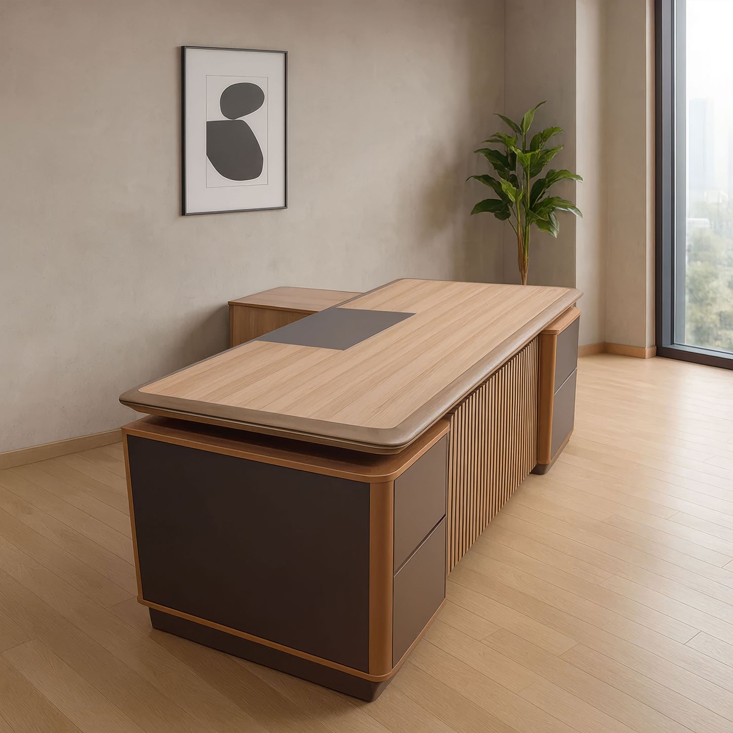 مكتب 200×160×75 سم + وحدة جانبية + أدراج متصلة – خشبي ورمادي – AZ50029