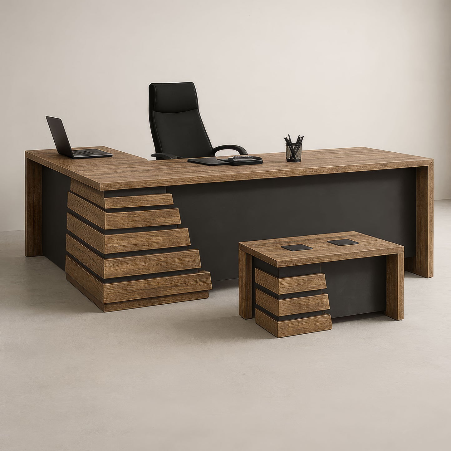 مكتب 200×160×75 سم + سايد + طاولة استقبال – خشبي وأسود – AZ120148
