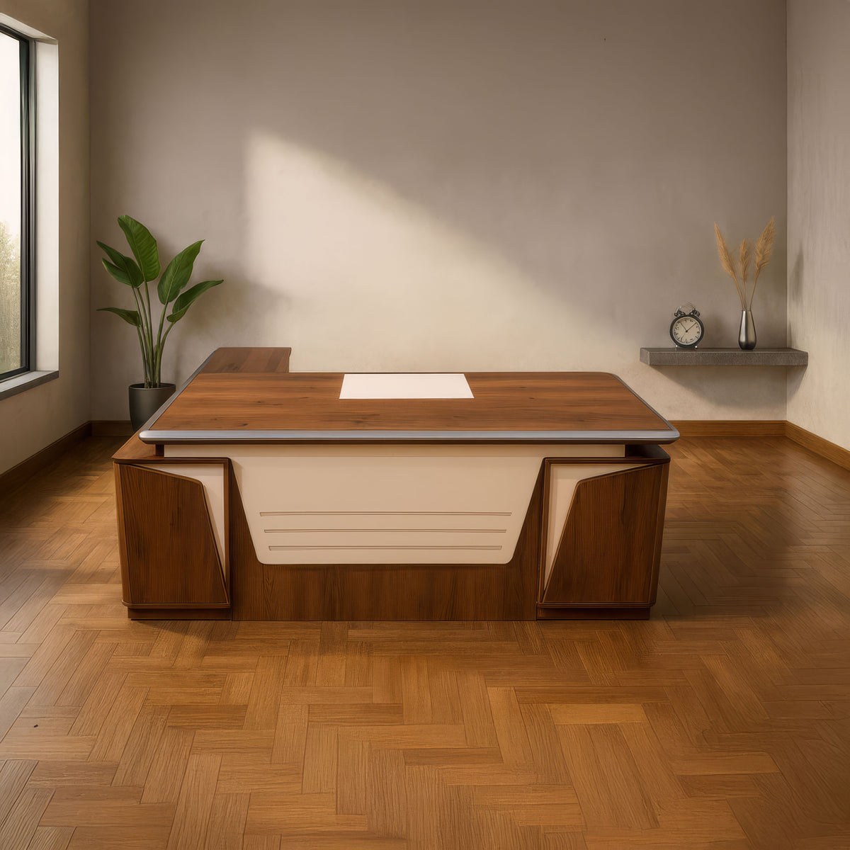 مكتب 200×160×75 سم + وحدة جانبية + أدراج متصلة – بني وبيج – AZ50030