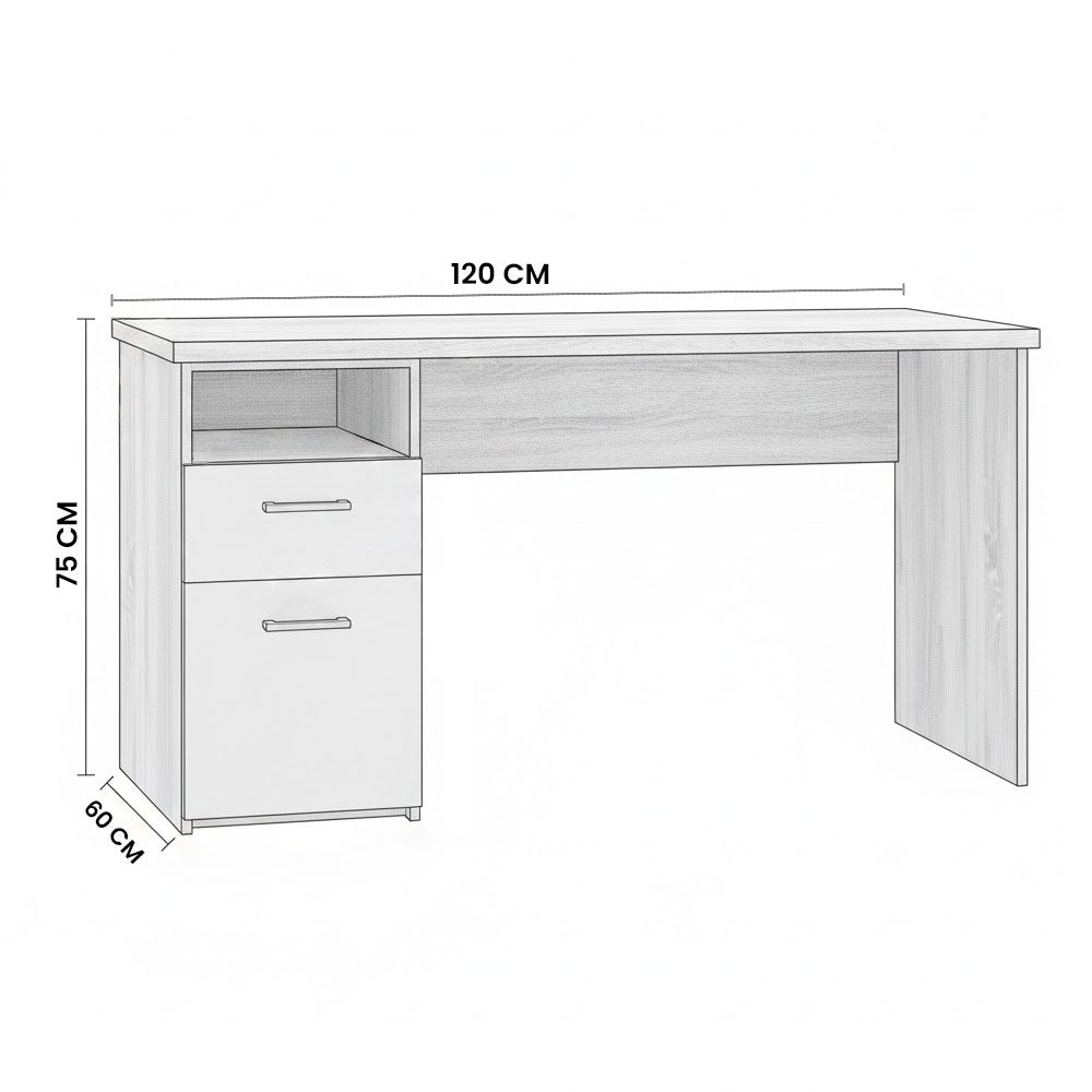 Desk 120×60×75 cm + Attached Unit (1 Door + 1 Drawer) – White and Wooden – AZ1054