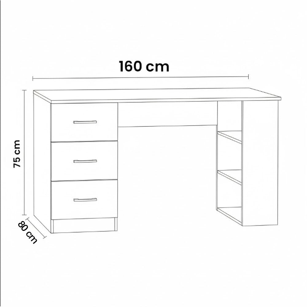Desk 160×80×75 cm + Attached Unit (3 Door )+ Bookcase – White – AZ107700