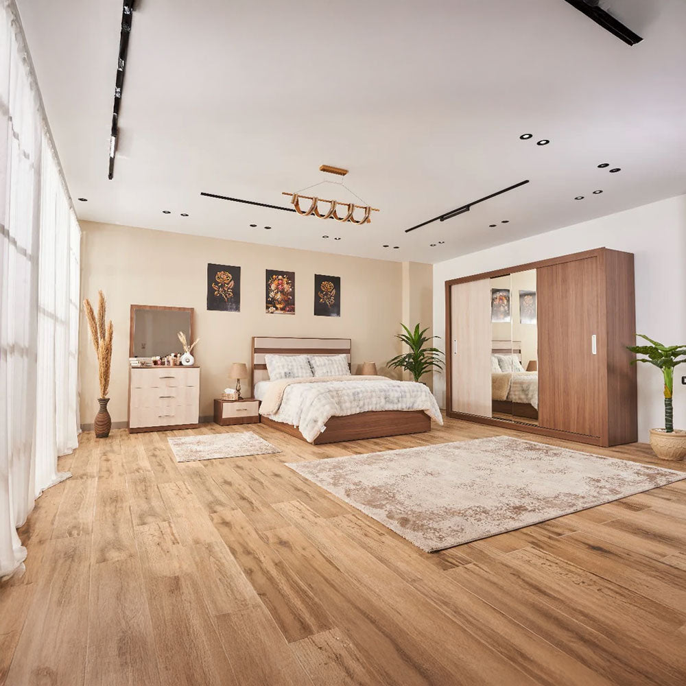 غرفة نوم ستار (ألواح ميلامين MDF) – سرير 160 سم، تسريحة 80 سم، 2 كومود 55 سم، دولاب 245 سم