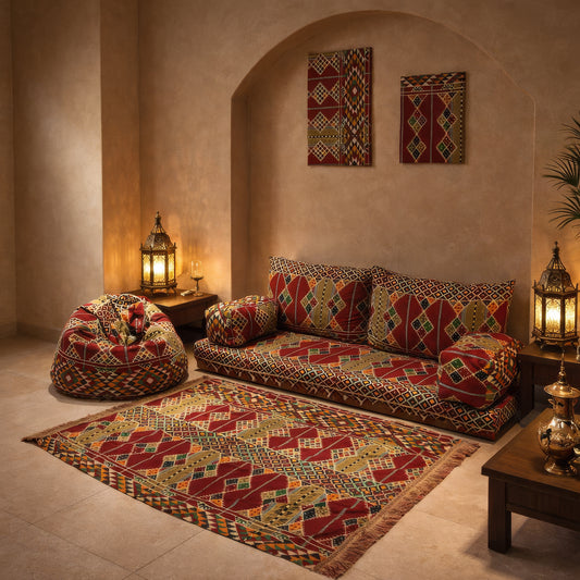 قاعدة عربي نوبي
(قاعدة جلوس + عدد 2 وسادة ظهر + عدد 2 مسند ذراع + عدد 2 لوحة + سجادة + بف بين باج)
المقاس: 200 × 60 × 60 سم
ألوان متعددة
