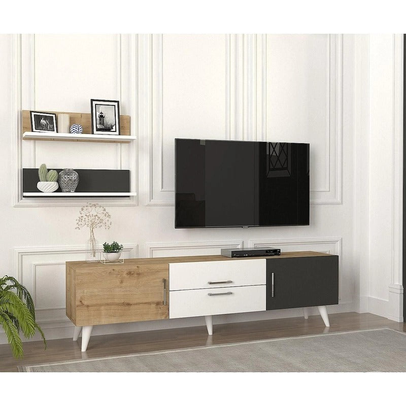 طاولة تلفزيون 160 × 30 × 45 سم – خشبي وأبيض ورمادي – AZ3007
