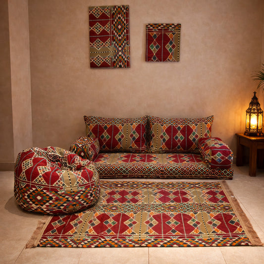 قاعدة عربي نوبي
(قاعدة جلوس + عدد 2 وسادة ظهر + عدد 2 مسند ذراع + عدد 2 لوحة + سجادة + بف بين باج)
المقاس: 200 × 60 × 60 سم
ألوان متعددة
