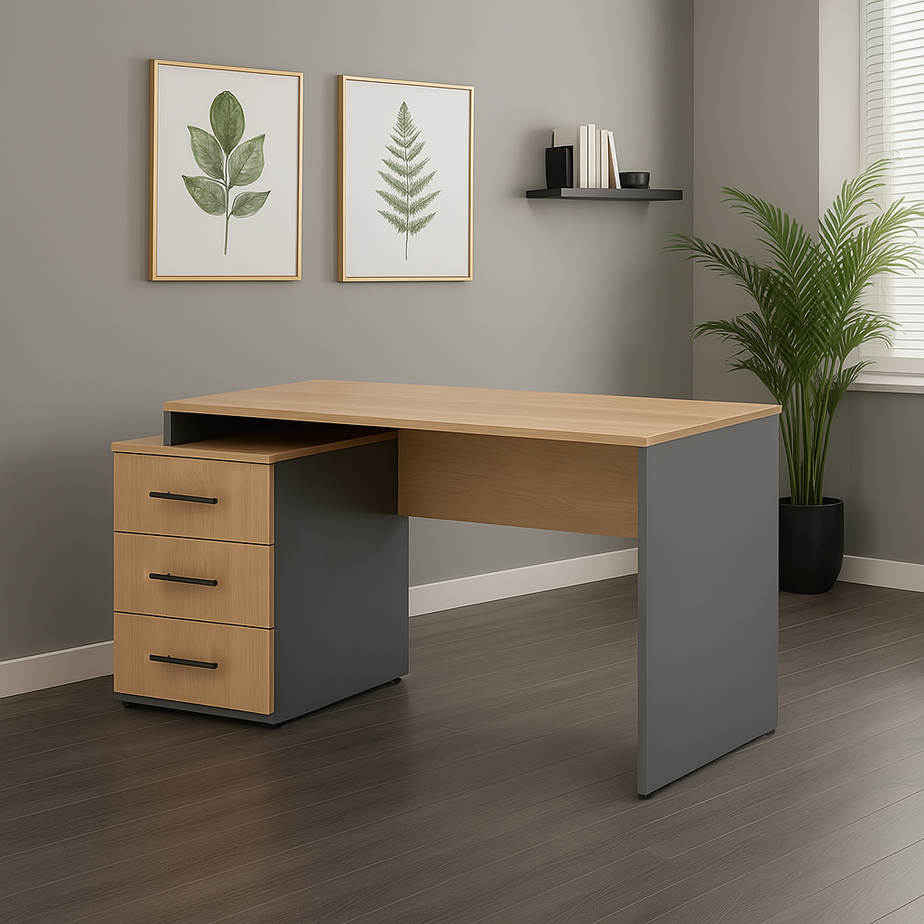 مكتب 120×60×75 سم + وحدة أدراج متصلة – رمادي وخشبي – AZ1059