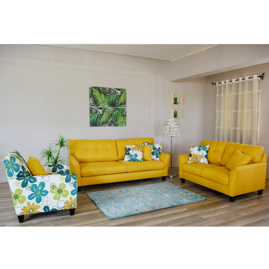 Modern Sofa Set 3 Pieces (Beech Wood, Plywood, Pine) Color: Yellow and Floral–Monte