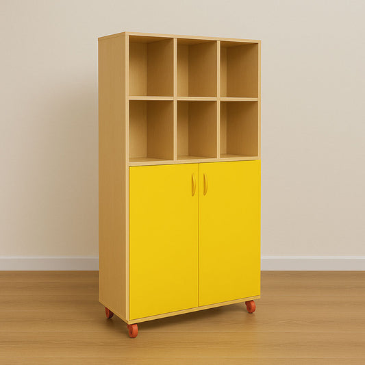 Wooden Storage Cabinet with Open Shelves and Yellow Doors 